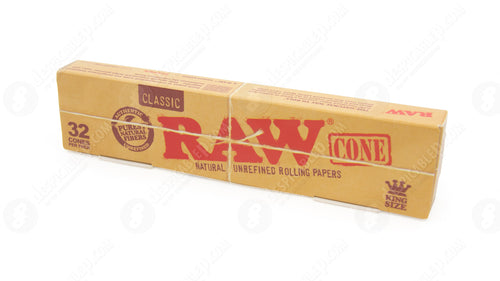 Raw Classic Natural Unrefined King Size PreRolled Rolling Paper Cones 32 Per Box