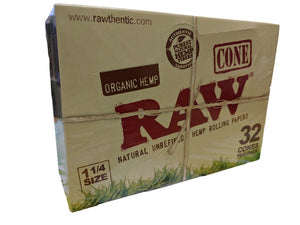 RAW Organic Unrefined Pre-Rolled Cone 32 Pack (1 1/4 Size)