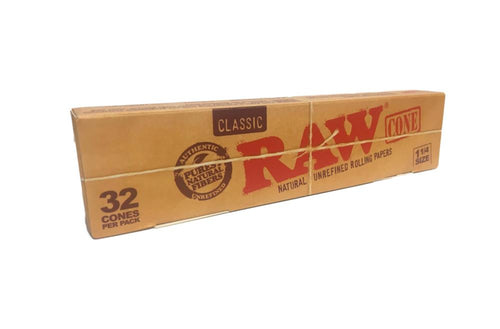 Raw Classic Natural Unrefined 1 1/4 Pre-Rolled Rolling Paper Cones 32 Per Box
